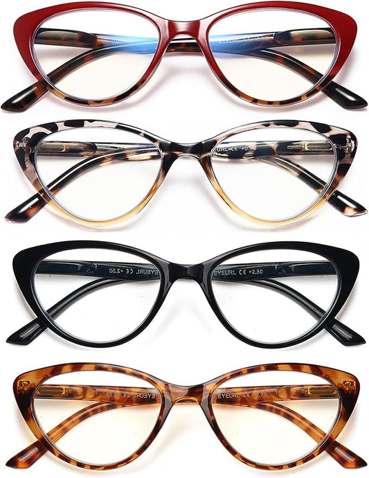 EYEURL 4-Pack Cat Eye Reading Glasses for Women Blue Light Blocking Computer Reading Glasses Anti-Glare Cat Eye Readers For Women,4.0
