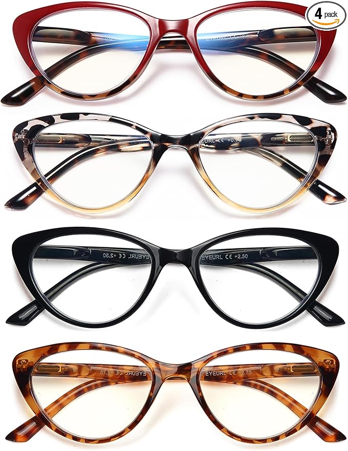 EYEURL 4-Pack Cat Eye Reading Glasses for Women Blue Light Blocking Computer Reading Glasses Anti-Glare Cat Eye Readers For Women,0.75