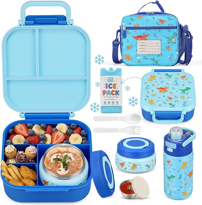 Bento Lunch Box for Kids with 7oz Soup Thermo,Insulated Stainless Steel Kids Water Bottle with Straw and Insulated Lunch Bag,Leak-Proof Lunch Food Container with Ice Pack for School (Blue-Dinosaur)