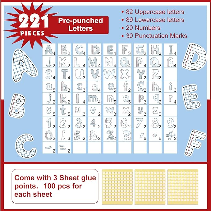 221 Pcs Lined Notebook Bulletin Board Letters, Round Alphabet Number Punctuation Symbol Combo Letter Cutouts, Composition Classroom Decor for Summer School Chalkboard Whiteboard Poster Wall
