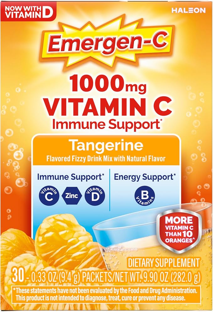 Emergen-C 1000mg Vitamin C Immune Support Powder Tangerine 30CT includes Zinc, Manganese, 7 B Vitamins and Electrolytes for Back to School Essentials