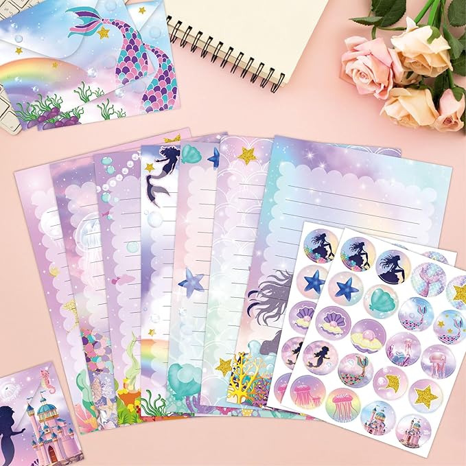 Mermaid Stationery Set with Cute Ocean Envelopes, Lined Paper, Sealing Stickers – 160 Pcs Under the Sea Fantasy Stationery Paper Envelopes Set for Girls, Writing Letters, Party Invitations
