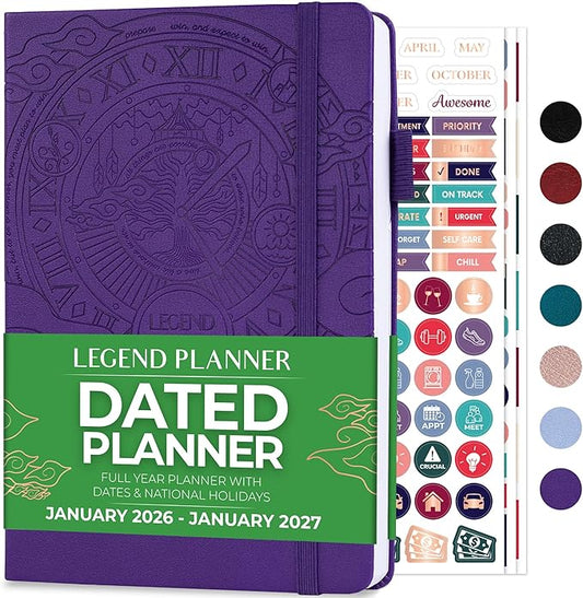 Legend Planner Jan 2026 – Jan 2027 Dated Weekly & Monthly Planner to Hit Your Goals, Increase Productivity & Live Happier. Organizer Notebook & Productivity Journal. A5 Hardcover (Purple)