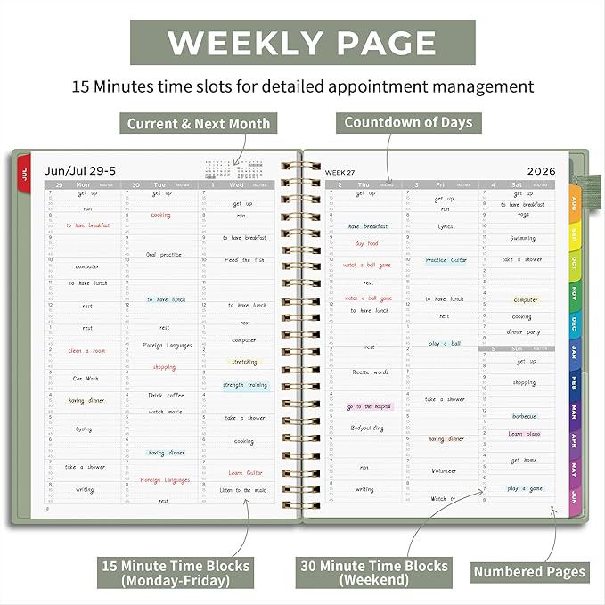 EMSHOI 2026-2027 Appointment Book, A4 15-Minute Hourly Planner, July 2026 - June 2027, Academic Planner Weekly and Monthly, 100GSM Thick Paper, Flexible Cover, Note Pages, Colorful Tabs, Light Green