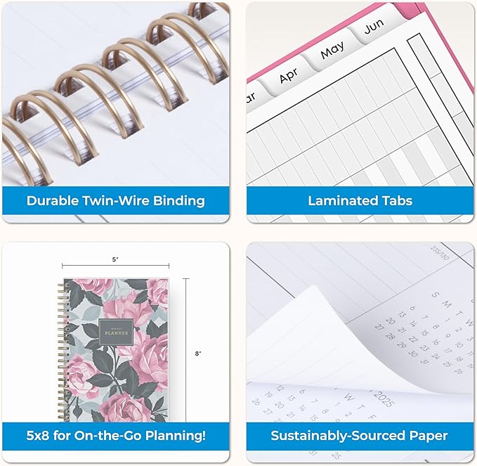 Blue Sky 2025-2026 Weekly and Monthly Academic Year Planner Calendar, July 2025 - June 2026, 5" x 8", Flexible Cover, Wirebound, Laminated Tabs, Roosevelt Pink