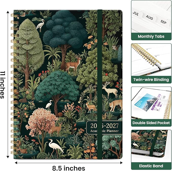 Planner 2026-2027, Academic Year Weekly and Monthly Calender Planner, from Jul 2026 - Jun 2027, Spiral Bound School Planning Book, Perfect for Teacher, Student, Women & Men, A4 (8.5" x 11"), Enchanted Grove