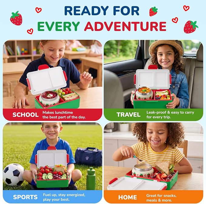 Bento Lunch Box for Kids–3 Compartment Leak Proof Insulated Lunch Container | Strawberry Design Lunch Box-With 12oz Stainless Steel Food Soup Jar & Built-in Ice Pack Bento Box for Boy Girls School Travel
