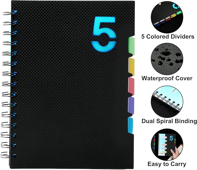 CAGIE 2 Pack 5 Subject Notebook with Dividers 220 Pages Spiral Notebooks with Tabs 6x8 A5 Spiral Bound Journal for Note Taking Work School Supplies, Wide Ruled, Black