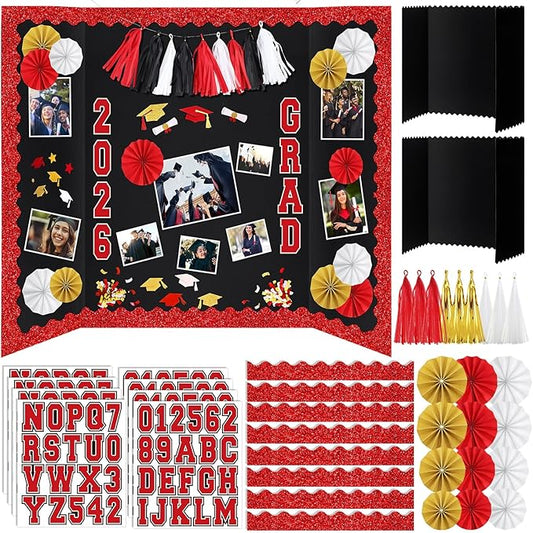 31 Pcs Graduation Photo Display Board Decoration 40"x28" Trifold Poster Board Graduation Themed Stickers Grad Fan Tassel Garland for 2026 Grad Party College Picture Frame (Red Black White)