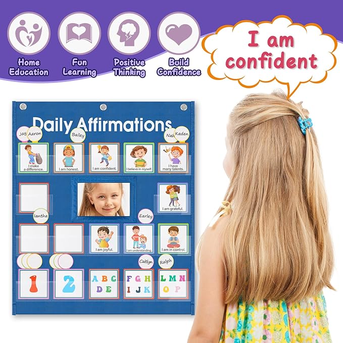Daily Affirmations Pocket Chart with Mirror for Kids Classroom Teacher Teaching Supplies Calm Down Corner with Behavior Support Cards for School Activities