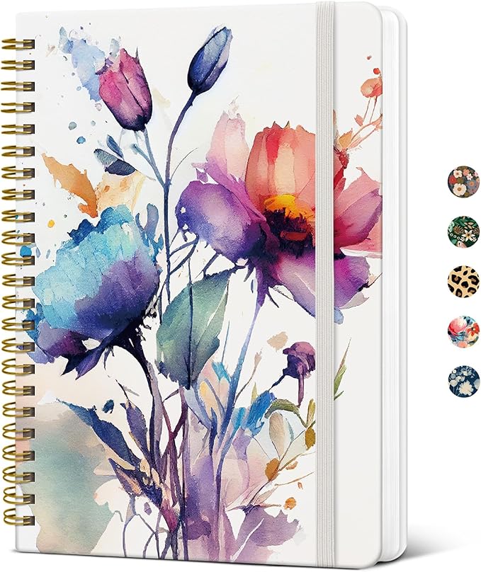 Taja Lined Spiral Journal Notebook for Women, A5 Cute College Ruled Hardcover Notebook for Work & Note Taking, Pretty Journal for Writing, 140 Pages, Painted Bloom