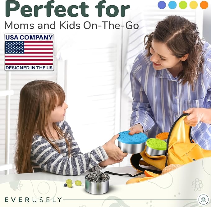 Everusely - Stainless Steel Containers with Lids - Set of 5, Summer Collection - Leakproof Stainless Steel Food Containers - Nesting Snack Holders - Metal Lunch Box - Portable & Reusable Meal Kit