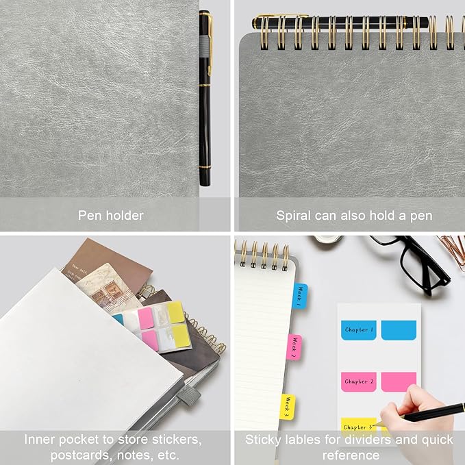 A4 Top Spiral Notebook, Large Leather Hardcover Top Bound Steno Pads, 240 Pages 100 gsm Thick Lined Paper Left Handed Notebook Journal for Work, School, Meeting Writing - Gray, 8.5" x 11"
