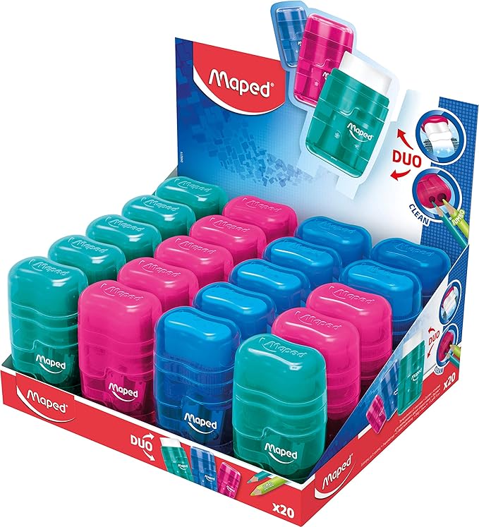 Maped Helix USA - Connect Duo 2-in-1 Pencil Sharpener and Eraser, Pack of 20 - for Schoolwork & Art - Versatile & Safe - Assorted Colors