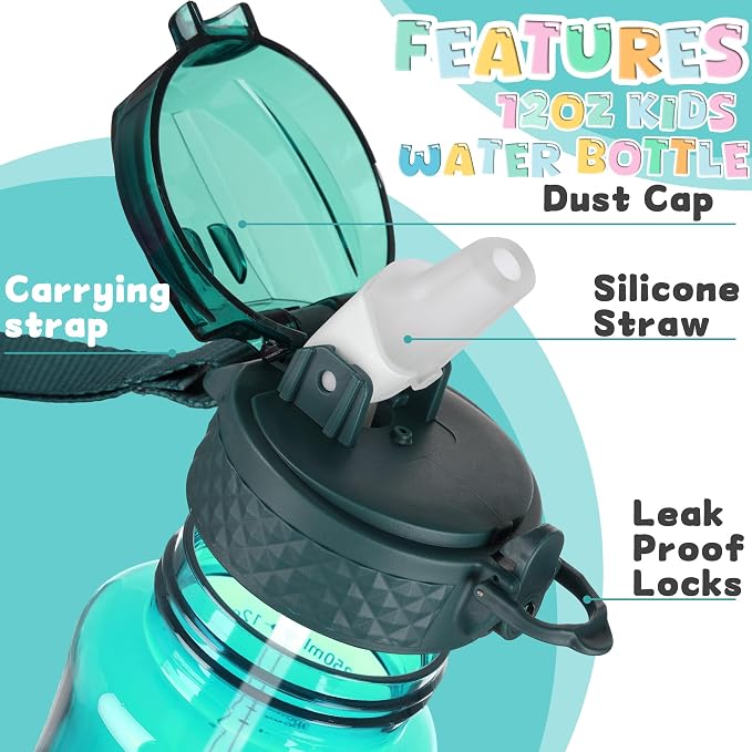 OLDLEY 12oz Kids Water Bottle, Tritan BPA-Free, Leakproof Flip Straw Lid, Motivational Time Marker, Carry Strap, Reusable Clear Water Bottle for Boys & Girls,Trout Green