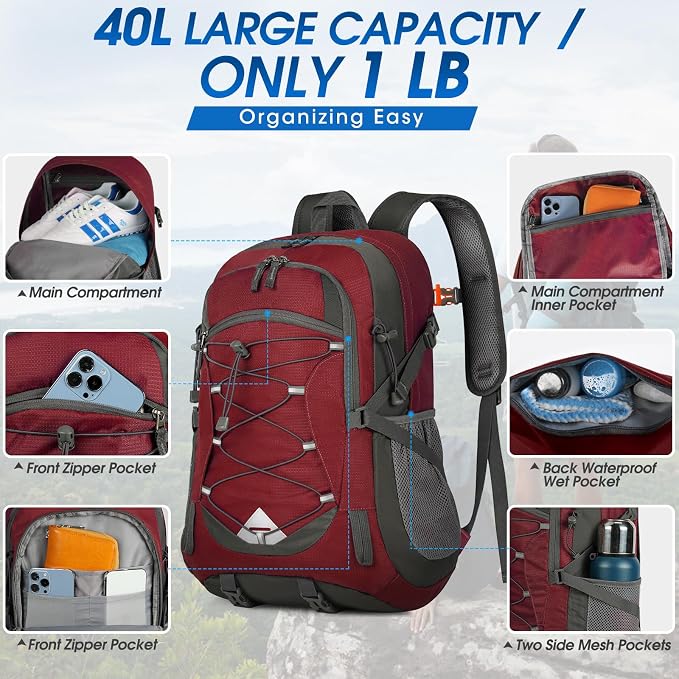 IGOLUMON Hiking Backpack 40L Packable Lightweight Camping Daypack Men Women | Multi-compartment storage Water-resistant Foldable Nylon Material Hiking Day pack for Camping Cycling Outdoor