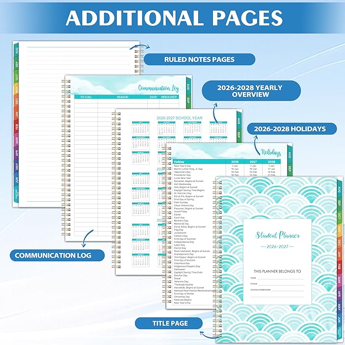 Student Planner 2026-2027 - Monthly and Weekly School Planner 2026-2027 with Colorful Tabs & Stickers, Aug. 2026 - June 2027, 9" x 11", Academic Planners - Blue