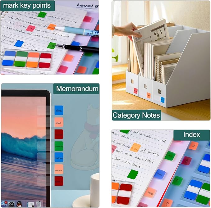 Golcellia 400 Pieces Sticky Index Tabs Transparent Sticky Notes, Colored Page Markers for Bookmarks, Writable and Repositionable Index Annotation Tabs（4 Colors）