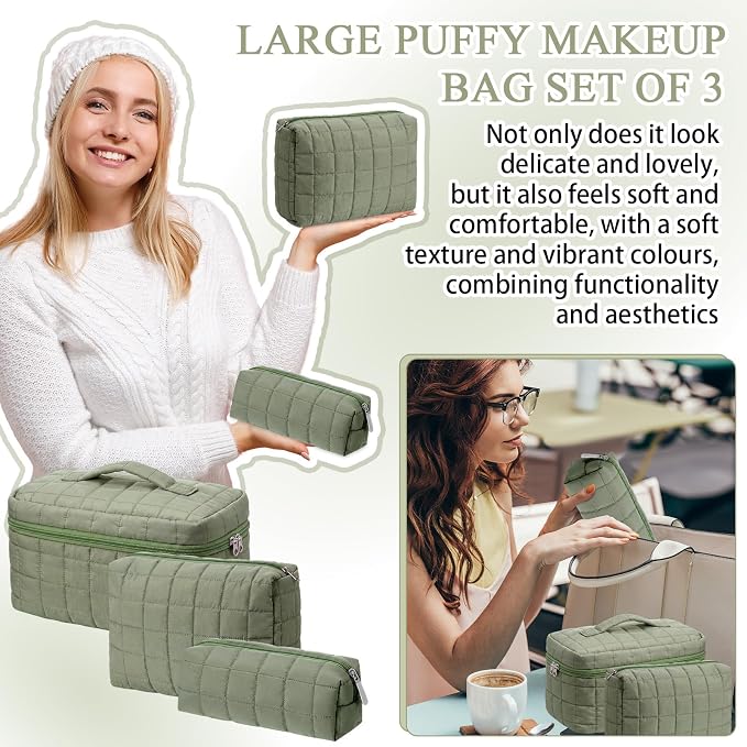 Huhumy 3 Pcs Large Puffy Makeup Bag Set Quilted Cosmetic Pouch for Women Cute Checkered Travel Toiletry Bag Puffer Makeup Organizer Purse Pouch Preppy Pencil Case with Zipper Valentine Gift(Green)