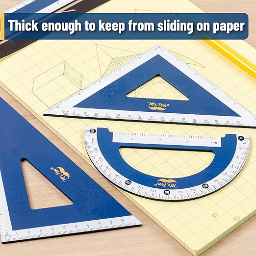 Mr. Pen- Wooden Geometry Set, 4 Pack, 8" 30°/60° Set Square, 5.5" 45°/90° Set Square, 6" Protractor & 12" Ruler for Classroom Use, Math, Drafting, Technical Drawing & Architecture