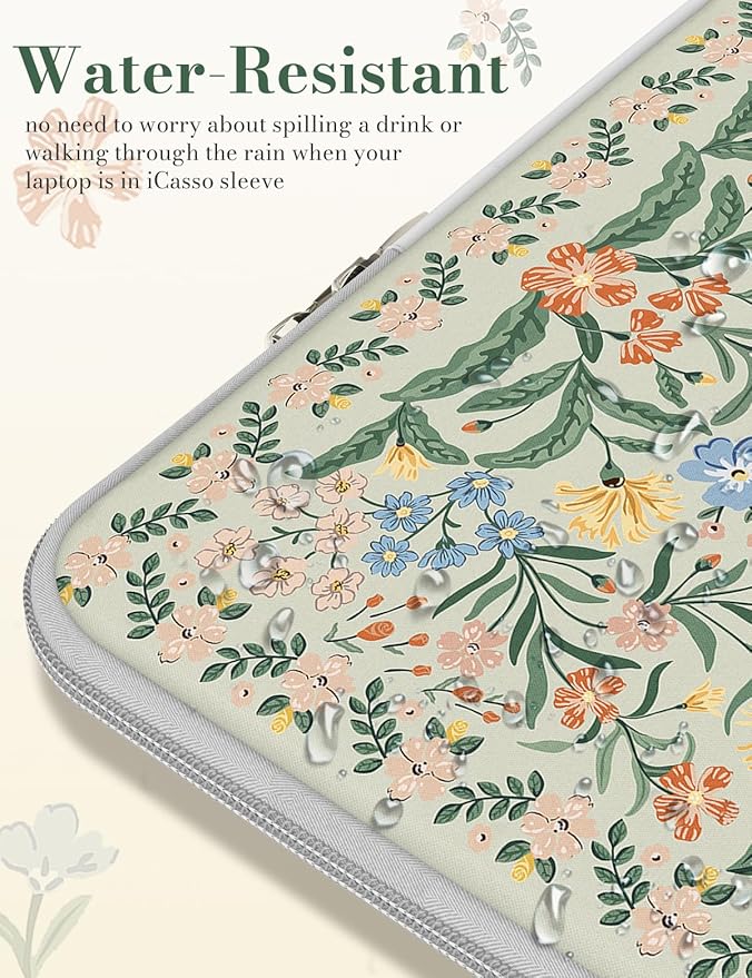 iCasso Laptop Sleeve 13 inch for MacBook Air 13-13.6 inch, Vintage MacBook Neo/Pro 13 inch case, Slim Protective Travel Carrying Case for MacBook Pro 14 inch, Chromebook, HP, Green Boho Floral