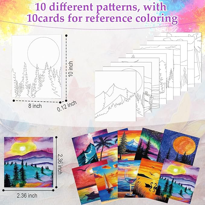 Ctosree 72 Pcs Colorful Sky Paint and Sip Kit for Adults 8'' x 10'' Pre Drawn Canvas for Painting DIY Pre Printed Canvas for Party Favor Afro Acrylic Painting Kit Wood Easel Brushes Date Night Bulk