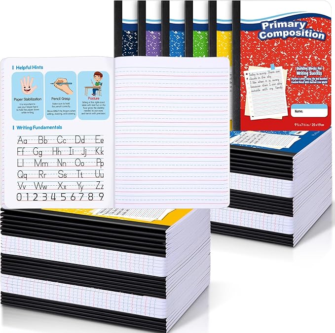 Watersay 60 Pack Primary Ruled Composition Notebook, Grade K-2 Journal 50 Sheets, 7-1/2" x 9-3/4" Primary Composition Book Writing Notebook for Kids Kindergarten Preschool 1st 2nd Grad (Multicolor)