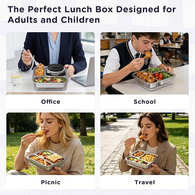 Stainless Steel Bento Lunch Box for Kids Adults with 8oz Insulated Food Jar,Ice Pack,Leak-proof,Dishwasher-Safe,Transparent Lid with Sauce Cup and Cutlery Storage for School & Travel,BPA-Free(Black)