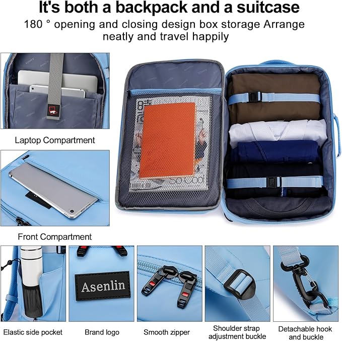 Asenlin Travel Backpack for Women Men,Flight Approved Carry On Luggage 40L Water Resistant Business Laptop Backpacks Fits TSA 17.3 Inch Computer College Weekender Outdoor Hiking-Light Blue