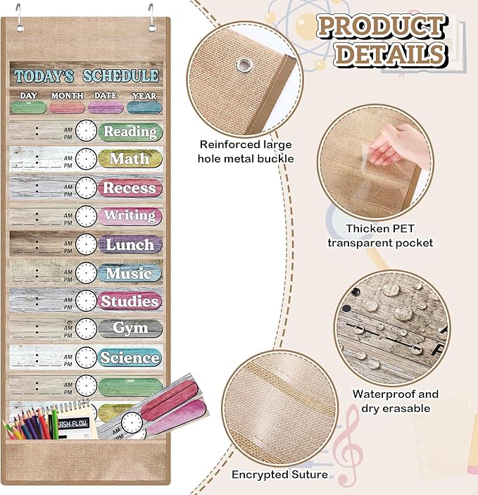 Pasimy Daily Schedule Pocket Chart with 31 Reusable Cards and 14 Pockets Classroom Decor Farmhouse Schedule Charts for School Office Home Educational Activity (Burlap)