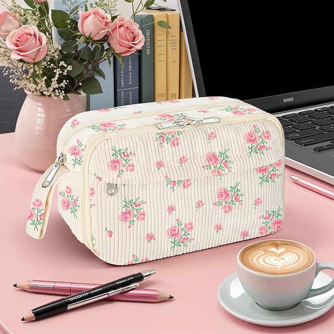 WOBAGMEN Cute Pencil Case,Large Corduroy Zippered Pencil Case Pouch, aesthetic Pencil Bag with Compartments, Pencil Pouch School Supplies (HY-corduroy pc-pink floral)