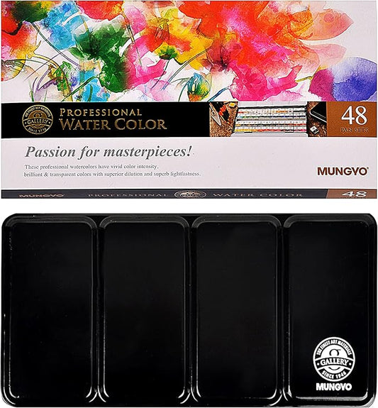 Mungyo Professional Half Pan Size Water Colors Set in Tin Case/Integral Mixing Palette in The lid (48 Colors)