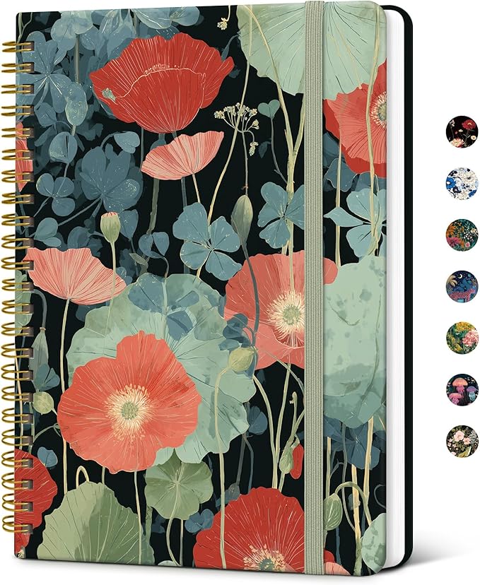 Taja Lined Spiral Notebook Journal for Women A5(5.8" × 8.3"), Cute Hardcover Notebook for Work, School & Note Taking, Pretty College Ruled Journal for Writing, 140 Pages, Poppy Garden