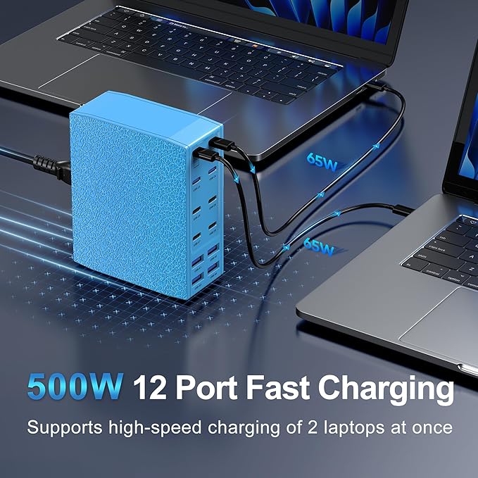 500W USB C Charger Block, 12-Port USB C Charging Station for Multiple Devices, Leather Texture Dual PD 65W Laptop Fast Charger Compatible with MacBook Pro/Air, iPad, iPhone,Galaxy and More,Blue