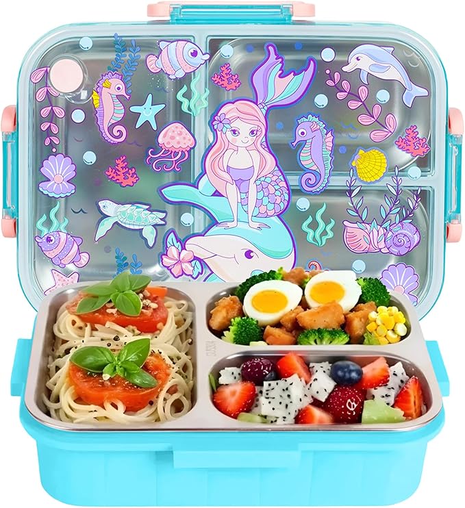 Stainless Steel Bento Lunch Box for Kids, 800ml/27oz BPA-Free Leak-Proof Food Containers with 3 Compartments, Freezer & Dishwasher Safe, Back to School Students Lunches Size for Ages 3-7