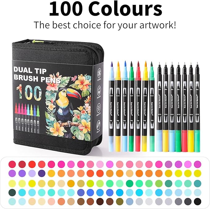 TOSHARE Art Markers Pens Dual Tip Coloring Markers Set with Brush & Fine Nib for Adult Coloring Book Brush Pens Professional Calligraphy & Drawing Art Supplies Kit for Adults (100 Colors)