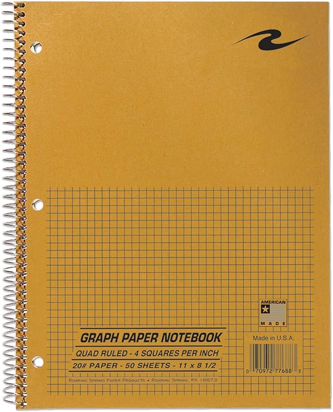 ROARING SPRING Wirebound Lab Notebook, 4x4 Grid Ruled, 11" x 8.5", 50 Sheets of 20 lb. White Paper, Brown Kraft Cover