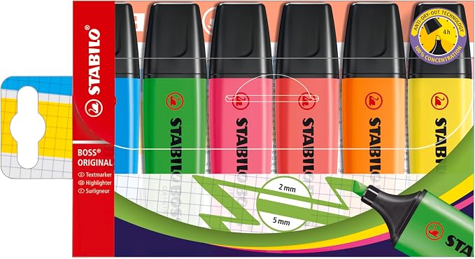STABILO Highlighter BOSS ORIGINAL - Pack of 6 - Assorted Colors | Pack of 6 - Assorted Colours