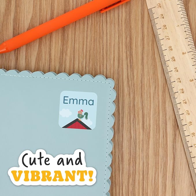 Camp Name Labels for Kids (33) – Custom Waterproof Stickers for Water Bottles, Lunch Boxes, Daycare & School with Unique Designs - Farm