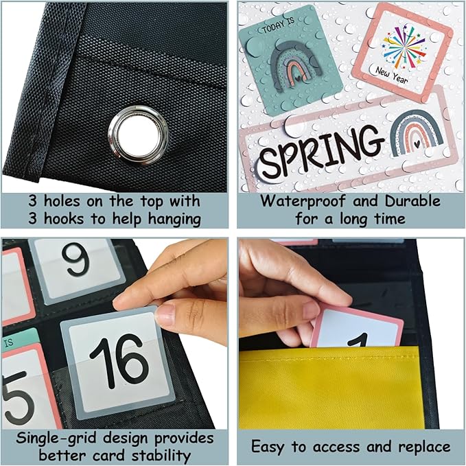 Black Classroom Calendar Pocket Chart with 89 Cards for Students Kids Large Classroom Calendar Pocket Chart for Home School Teacher Supplies (Rainbow Theme)