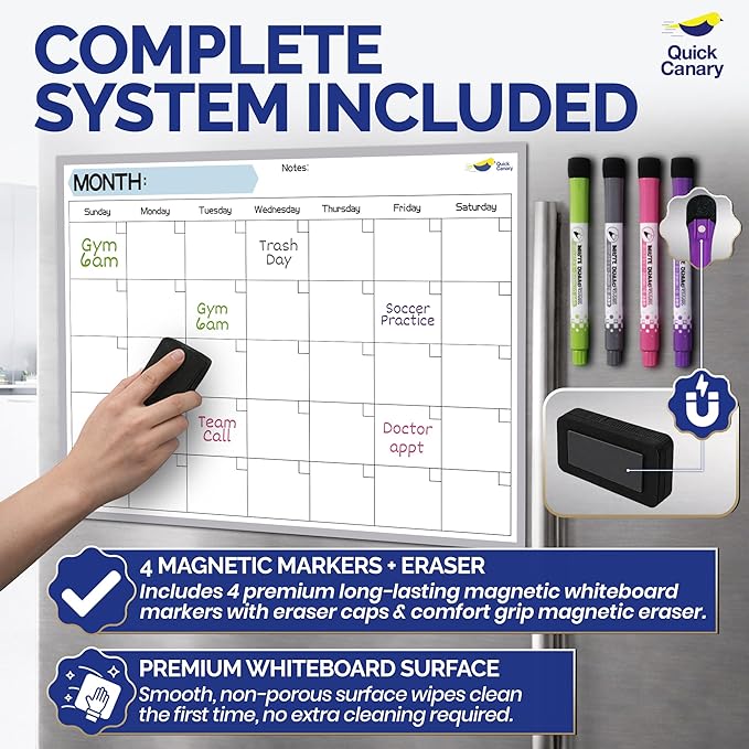 Monthly Magnetic Calendar for Refrigerator - 17x12” Stain-Resistant Dry Erase Fridge Calendar Whiteboard with Large Writing Space for Schedules, Chores & Meals - With 4 Markers & Eraser - Sunday Start
