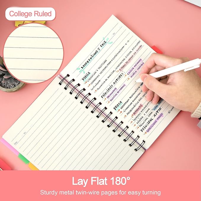 CAGIE 3 Pack 5 Subject Notebook with Dividers 220 Pages Spiral Notebooks with Tabs 5x7 A5 Spiral Bound Journal for Note Taking, Work School Supplies, Black, Pink, Blue