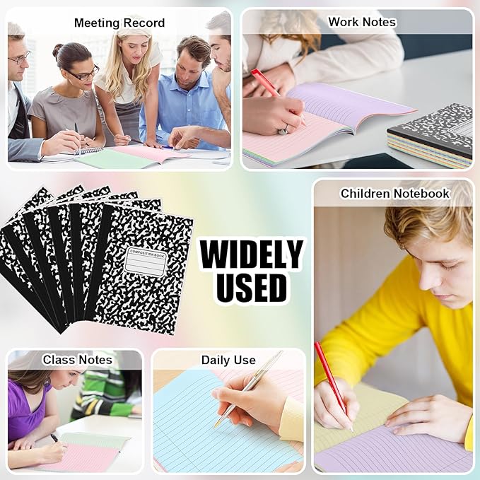 Henoyso 6 Pcs 120 Pages Colored Paper Notebooks 9.75" x 7.5" Pastel Colors Lined Paper Notebook Wide Ruled Marble Notebooks Journals Bulk for Office Supplies(Black Marble)