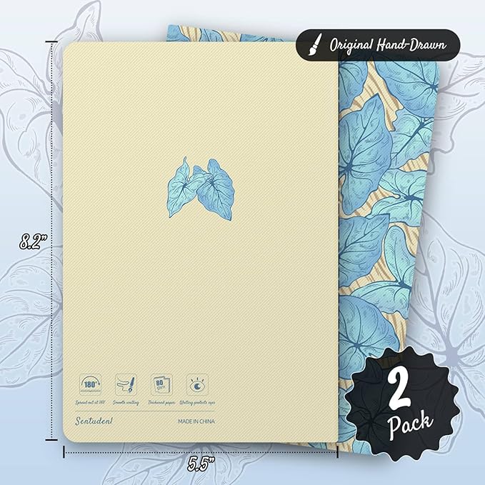 Stitched Composition Notebooks 2-Pack with Unique Art Designed Cover, A5 Lined Diary (8.2"L*5.5"W), Lay Flat Design, Thicked Paper Writes Smoothly for School and Office (Alocasia Leaf)