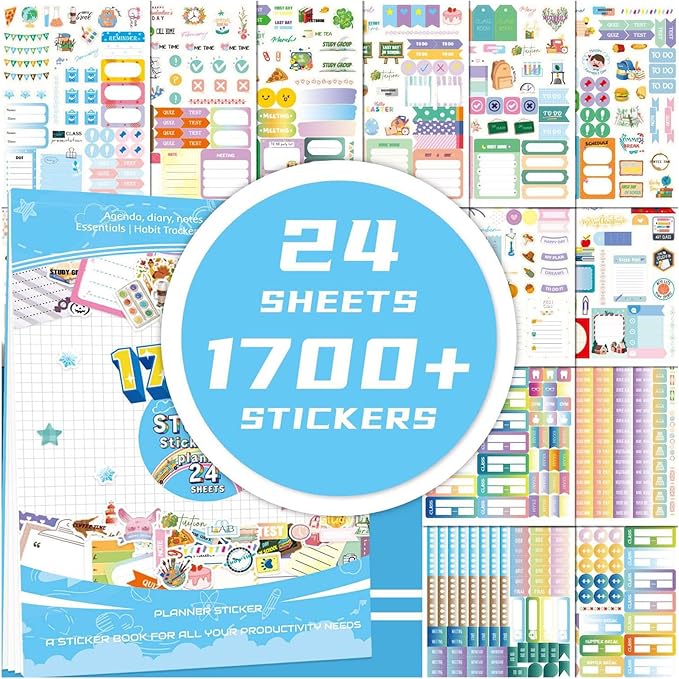 Student Planner Stickers Pack, 24 Sheets of School Planner Stickers, Set of 1,700+ Stickers for Your College Academic Planner, Journal or Calendar