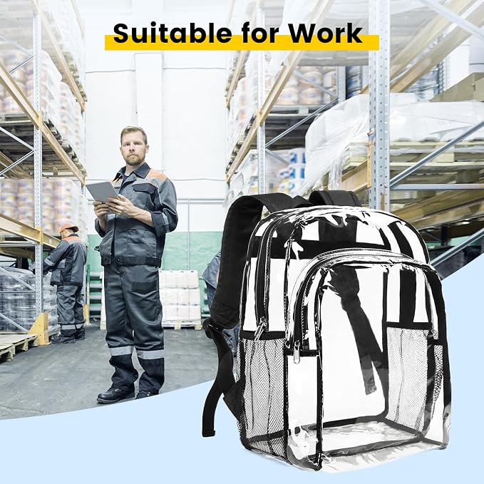 Vorspack Clear Backpack Heavy Duty - Clear Backpacks Transparent Bookbag for Girls Boys Large See Through Bag for Work, College, Concert - Black