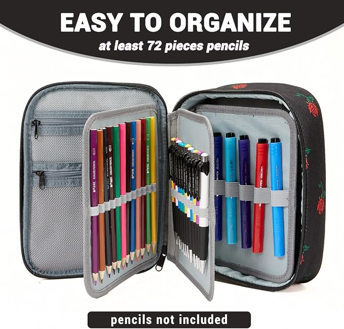 VASCHY Large Pencil Case Bag, Art Supply Marker Organizer Big Pen Pouch with Detachable Layers Slots Multiple Zipper Pockets for Kids Adults School Office Black Rose