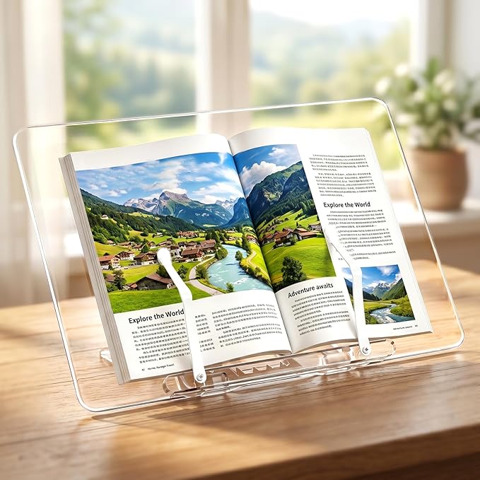 Adjustable Acrylic Book Stand for Reading, 13.3 x 9.4 Inch Multi-Angle Book Display Stand Transparent Foldable Books Holder with Page Clip for Books, Magazines, Cookbook, Document, Recipe