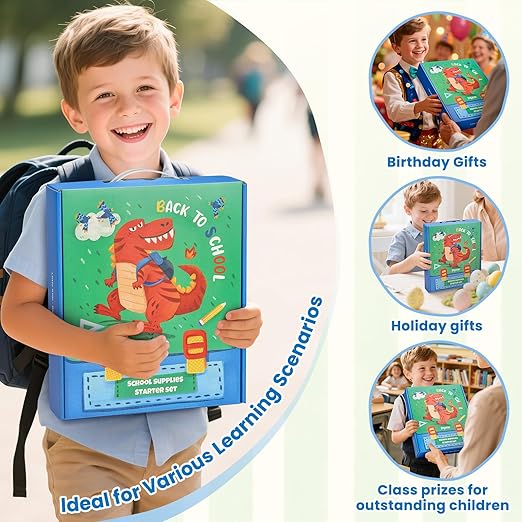 46-Piece Washable Back to School Supplies Gift Kit for Kids-Dinosaur Essential First Day Gift Set for Kindergarten & Elementary, Art Supplies & Refillable Tools, Ideal Kids Stationery Set for Boys.