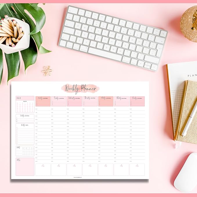 Weekly Hourly Planner Notepad, Daily Planner Desk Pad, Weekly Schedule, To Do List Note Pad, ADHD Planner | 50 Undated Tear Away Sheets | A4 (Pink)
